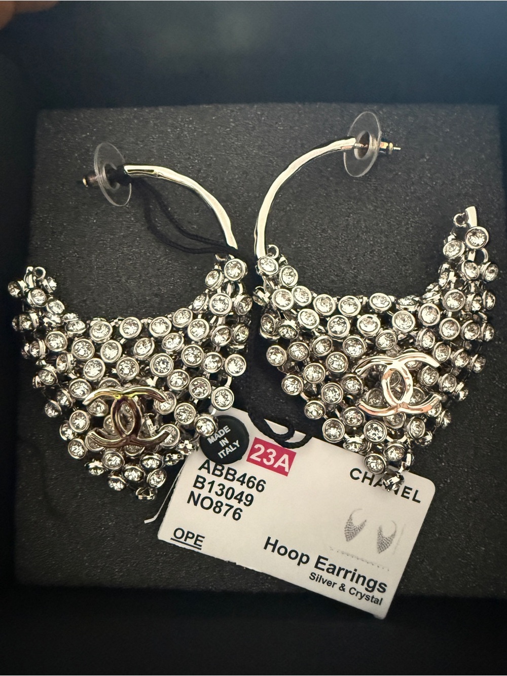 Authentic- CHANEL Crystal Pavé Hoop Earrings - Silver Tone